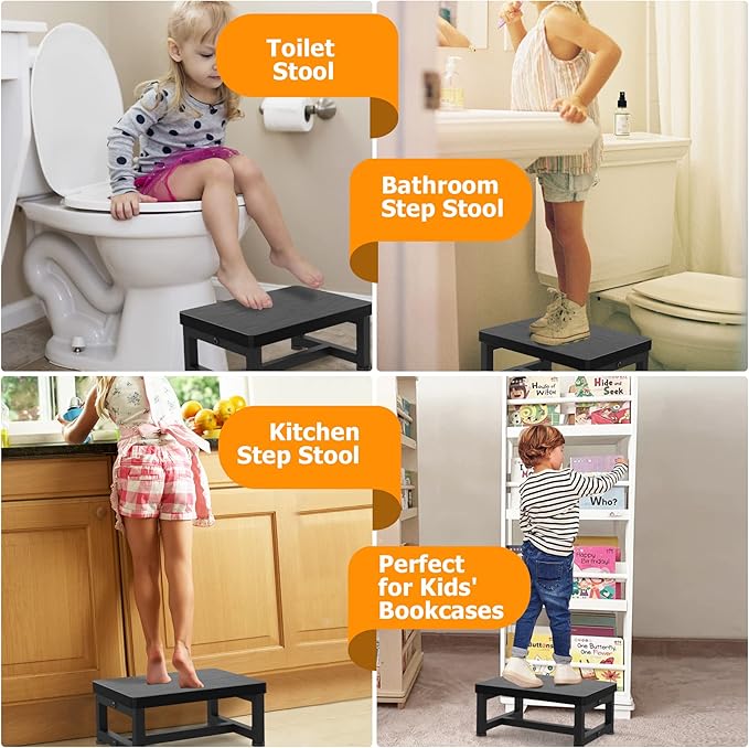 Step Stools for Adults Kids with Non-Slip Rubber Feet, Heavy Duty Wide Wooden Stepping 500-LBS Capacity Bedroom Kitchen Bathroom, Sturdy Bed Steps High Beds, Easy Assembly, Black