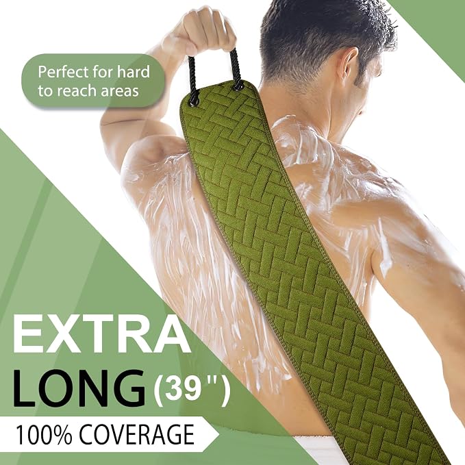 Exfoliating Back Scrubber with Two Handles, 39 Inch Wide Double-Sided Body Scrub Bath Exfoliator, Exfoliating Washcloth for Use in Shower, Back Washer to Deep Clean Your Skin for Men & Women (Green)