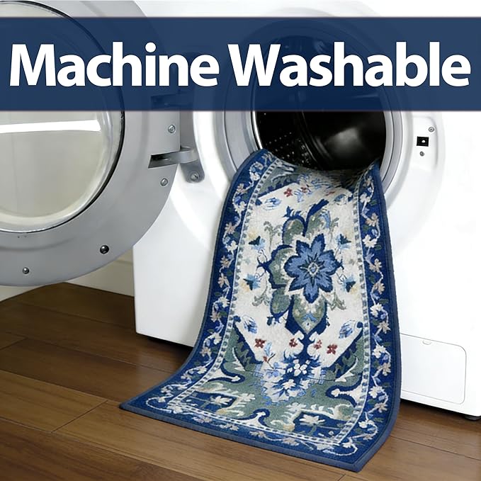 AREDO Runner Rug with Non Slip Rubber Backing, Washable Soft Floor Carpet for Kitchen, Hallway, Entryway Indoor, Bedroom, Laundry, Low Pile Area Rugs, Geometric Floral, Blue Pattern, 2' * 6'