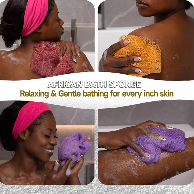 SubSahara Authentic African Net Sponge - 4 Pack Exfoliating Bath & Shower Loofah Sponge for Body & Face, Gentle Scrubber for All Skin Types, Travel, Durable