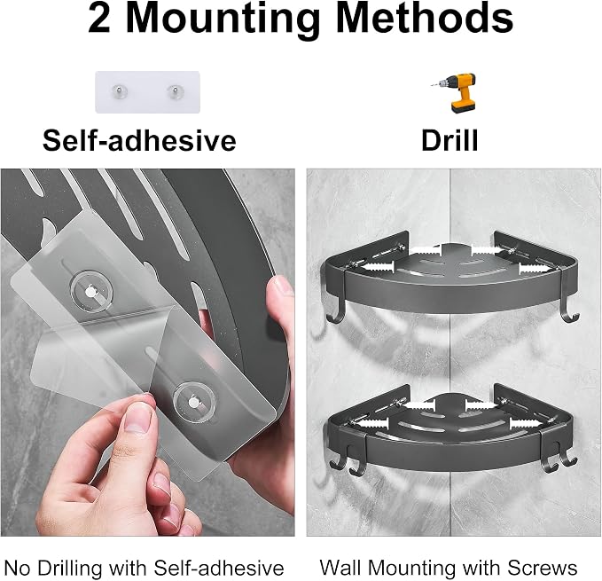 DUFU Adhesive Corner Shower Caddy with Hooks,Bathroom Shower Organizer, No Drilling Rust Proof Aluminum Shower Shelf for Inside Shower 2 Pack (Grey)