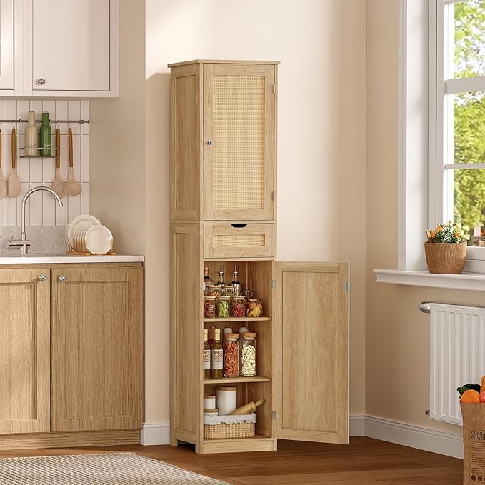 TEENFON 67" H Tall Storage Cabinet with 2 Rattan Doors and 1 Drawer, Narrow Rattan Cabinet with Adjustable Shelves, for Living Room, Entryway, Kitchen, Natural
