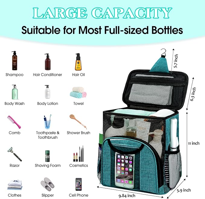 Attmu Mesh Shower Caddy Portable Dorm Tote Bag, Quick Dry Hanging Toiletry Bag, Large Capacity Shower Bag for College Dorm Room Essentials for Boys and Girls for Bath Camping (Peacock Green)