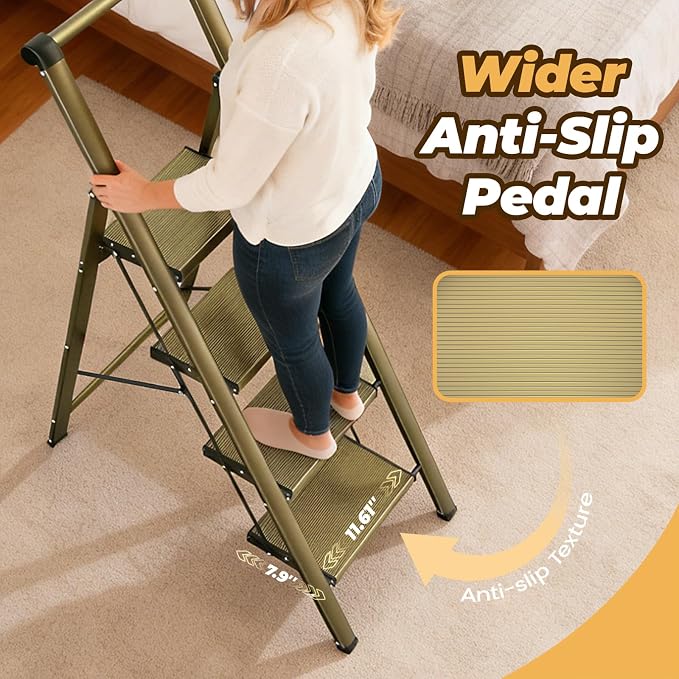 HBTower 4 Step Ladder with Handrail, Aluminum Folding Step Stool,330lbs Capacity Portable Step Ladder，Non-Slip Safety Ladder for Household,Kitchen,Office - Gold