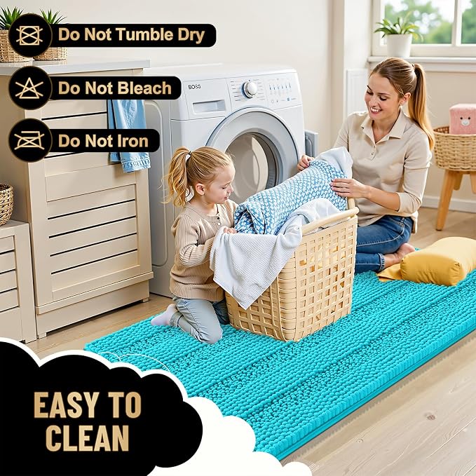 OLANLY Thick Bathroom Rugs 30x20, Extra Soft Absorbent Chenille Striped Bath Rugs, Rubber Backing, Machine Wash Dry, Bath Mats for Bathroom Floor, Tub and Shower, Home Decor Accessories, Aqua Sky