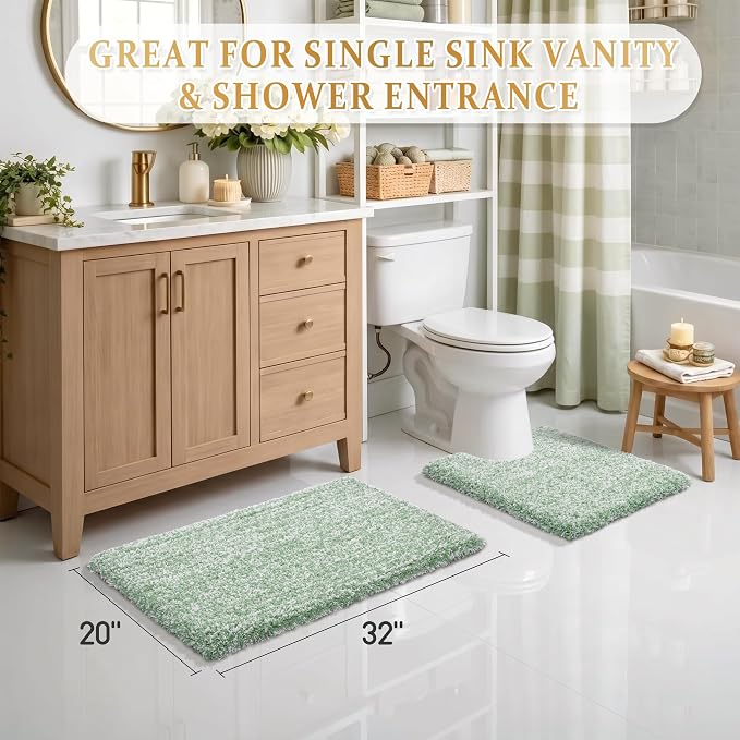Yimobra Light Green and White Bath Rugs for Bathroom 32X20, Ultra Soft and Water Absorbent Bath Mats, Non Slip Plush Shower Rugs, Microfiber Thick Matts for Bathroom Floor/Tub, Machine Washable
