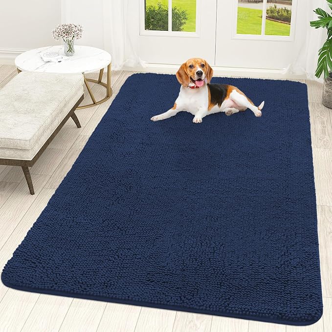 OLANLY Dog Door Mat for Muddy Paws 70x46, Absorbs Moisture and Dirt, Absorbent Non-Slip Washable Doormat, Quick Dry Chenille Mud Mat for Dogs, Entry Indoor Entryway Carpet for Inside Floor, Dark Blue