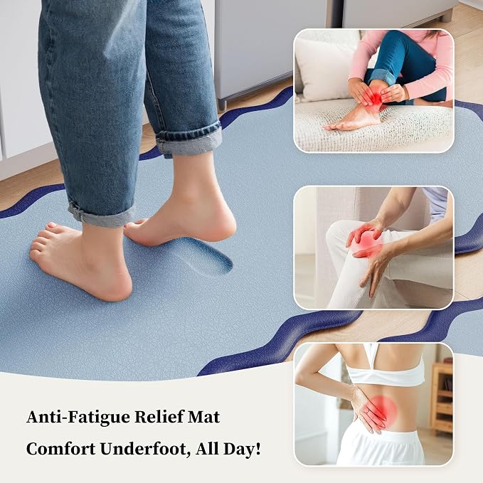 Arenarug Scalloped Navy Blue Kitchen Mats Rugs Sets of 2 Cushioned Anti Fatigue Floor Mat Waterproof Kitchen Rugs Non Slip Foam Comfort Standing Mat for Sink Laundry
