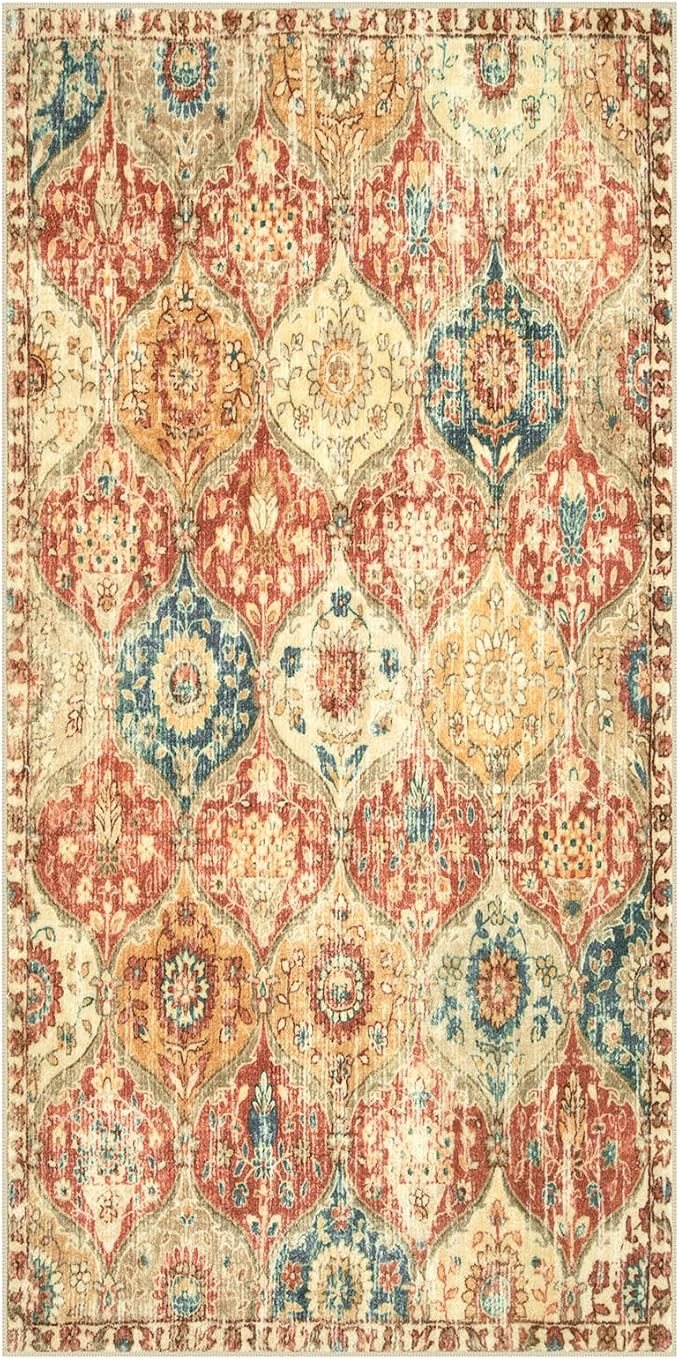 Lahome Kitchen Rugs Non Slip Washable Rugs for Entryway, 2x4 Rug Non-Slip Moroccan Trellis Ultra-Thin Indoor Door Mat Small Carpet for Bathroom Bedroom Entry Elise, Red/Orange