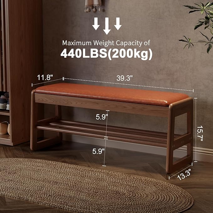 AQIMUELE Shoe Rack Bench,2 Tiers Shoe Bench with Storage with Flip-Top,Wood Shoe Rack for Entryway,Hallway（Orange Upholstered Seat,11.8" D x 39.3" W x 15.7" H）
