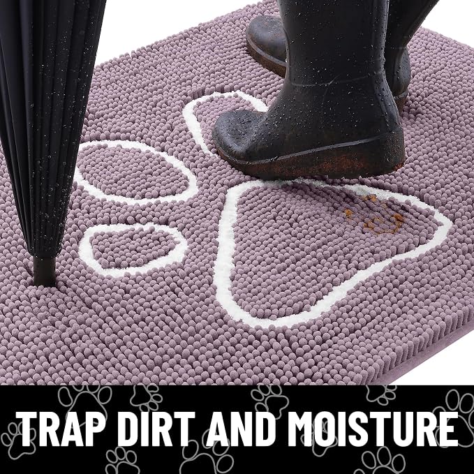 Smiry Dog Door Mat for Muddy Paws, Absorbent Dirt Trapper Non Slip Quick Dry Washable Chenille Mat for Mud Dogs, Entry Rug for Indoor and Outdoor (40x32 Inches, Deep Plum and White)