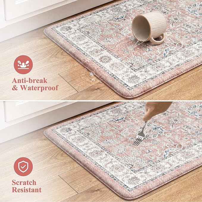 KIMODE Anti Fatigue Mats for Kitchen Floor, Boho Floral Kitchen Rugs Sets of 2, Cushioned Kitchen Floor Mats, Comfort Standing Desk Mat for Sink, Laundry, Desk Pink Multi 17"x29.5"+17" x47”