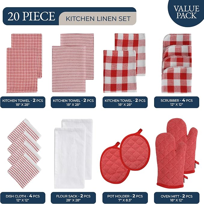 LANE LINEN Cotton Kitchen Towels and Dishcloths 20 Pack - Large Dish Towels Set for Holiday Hosting, Fast Drying Dish Rags, Flour Sack Towels, Versatile Scrubbers & Oven Mitts with Pot Holders - Red