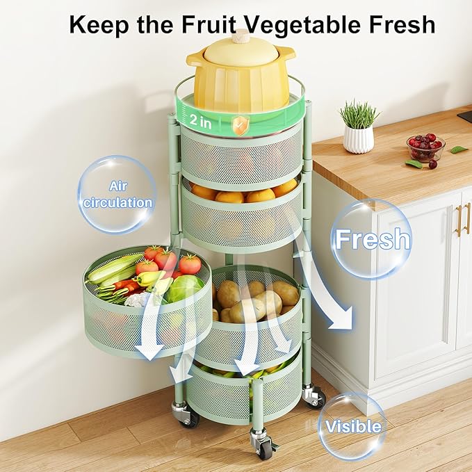 SAYZH Fruit Vegetable Basket for Kitchen, Rotating Storage Rack, 5 Tier Rolling Cart with top lid, Large Metal Wire Basket for for Potato Onion Snack, Green