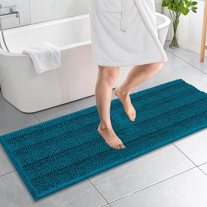 OLANLY Thick Bathroom Runner Rugs 59x20, Absorbent Chenille Striped Bath Rugs, Rubber Backing, Machine Wash, Extra Long Bath Mats for Bathroom, Tub and Shower, Home Decor Accessories, Peacock Blue
