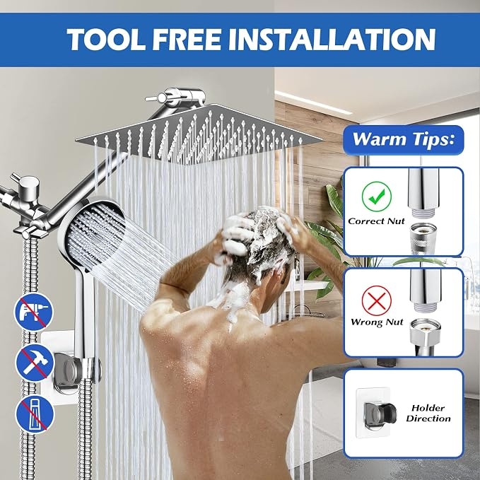 Shower Head,8”Rain Shower Head with Handheld Spray Combo with 11'' Angle Adjustable Extension Arm/Flow Regulator/Shower System,High Pressure Rainfall Shower Head Bathroom,Chrome