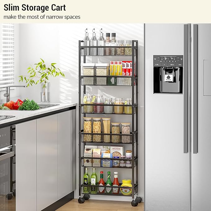 ThreeHio 6 Tier Slim Storage Cart, Narrow Cart with Wheels, Metal Mobile Shelving Unit Organizer for Kitchen, Bathroom, Laundry Room, Living Room & Narrow Spaces, Black, 6in(W)