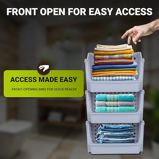 TidyFriend 3 Pk XLarge Stackable Storage Bins Open Front for Pantry Organizers & Storage, Pantry Storage for Food, Kitchen & Home Organization, Plastic Storage Bins, Dorm Room Essentials (Light Grey)