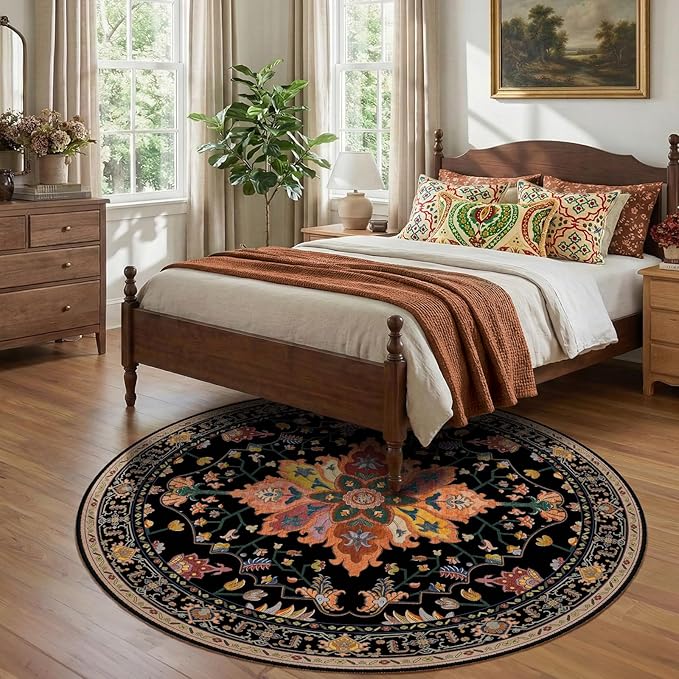 RELEANY Area Rugs Round 7ft Washable Non-Slip, Floral Vintage Distress Medallion Carpet for Living Room Bedroom Dining Room, Black Colorful Floral Dark Tan