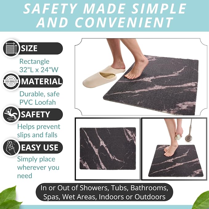 Enkosi Loofah Non-Slip Shower Mat - Shower Floors, Bathtub, Bathrooms, Wet Areas - Cushioned Bath Mat with Drain Holes - Quick Dry PVC, Secure Safety Pad Without Suction Cups (32x24 Marble Black)