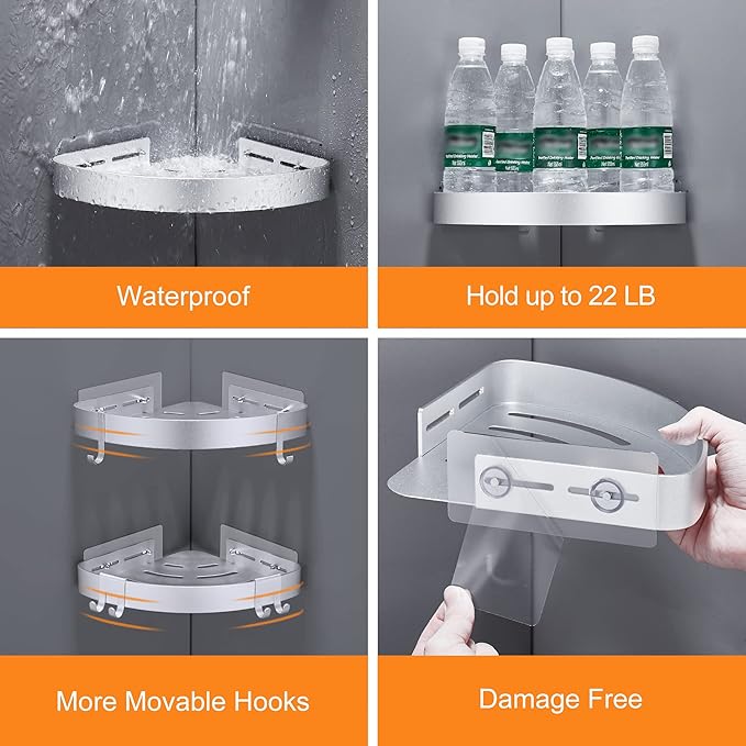 DUFU Adhesive Corner Shower Caddy with Hooks,Bathroom Shower Organizer, No Drilling Rust Proof Aluminum Shower Shelf for Inside Shower 2 Pack (Silver)