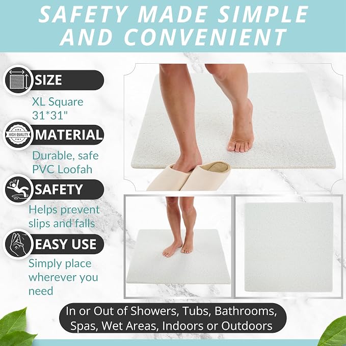 Square Shower Mat - Non Slip Shower Mats for Inside Shower - Extra Large 31x31 Shower Floor Mat Non Slip - Square Bath Mat for Shower - Secure Anti Slip Loofah Shower Bath Mat (31x31 White)