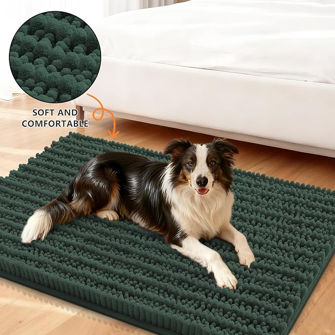 Smiry Dog Door Mat for Muddy Paws 47x32, Absorbent Dirt Trapper, Non-Slip Washable Chenille Entryway Rug for Inside Floor, Green, Layered Pattern