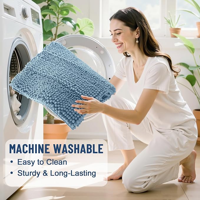 Grandaily Chenille Striped Bathroom Rugs 50x30, Extra Thick and Soft Absorbent Bath Mats, Rubber Backing, Plush Shaggy Shower Carpet, Machine Wash Dry, Bath Rug for Bathroom, Airy Blue