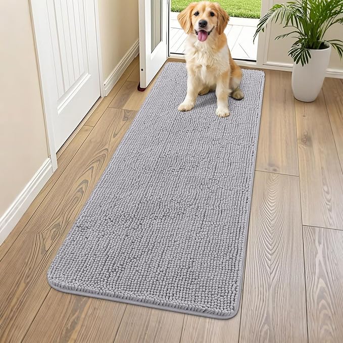 Smiry Dog Door Mat for Muddy Paws 54x24, Absorbent Dirt Trapper, Non-Slip Washable Chenille Entryway Rug for Inside Floor, Light Grey, Classic Solid