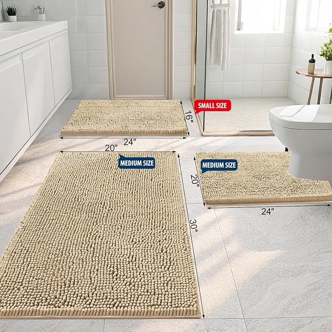 Smiry Luxury Chenille Bathroom Rugs 44x32, Extra Soft and Absorbent Shaggy Bath Mat, Machine Washable, Non-Slip Plush Carpet Runner for Tub, Shower, and Floor, Home Decor Accessories, Beige