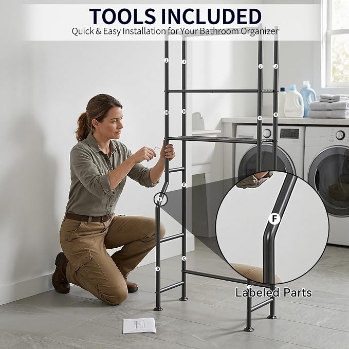 3-Tier Over The Toilet Storage, Freestanding Metal Bathroom Shelves, Space Saver Above The Over Toilet Storage Shelf for Bathroom (Black)