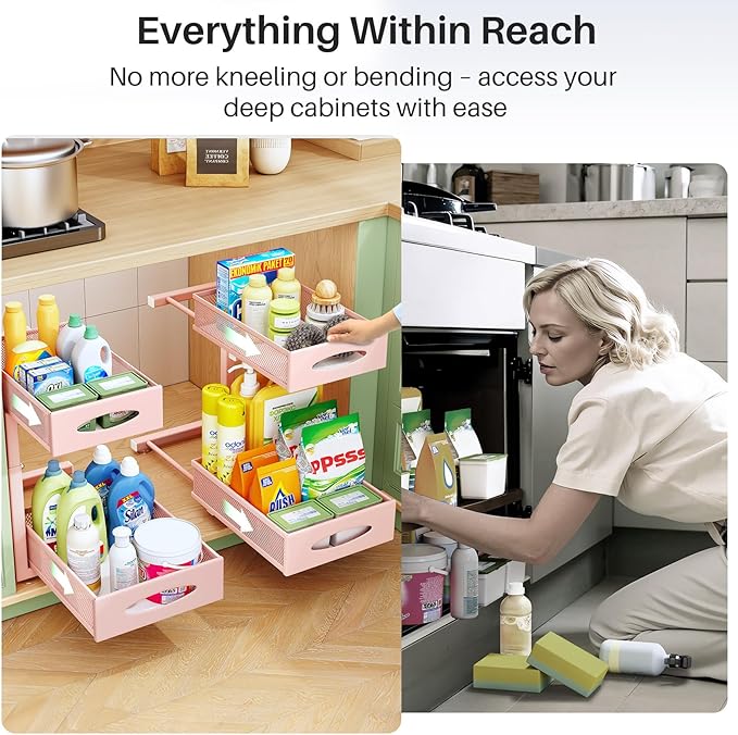 2 Pack Under Sink Organizer, 2 Tier Pull out Cabinet Organizer Mesh Baskets with 5 Adjustable Heights, Sliding Drawers Storage Shelf for Home, Kitchen, Bathroom, Pantry, Office, Countertop ,Pink