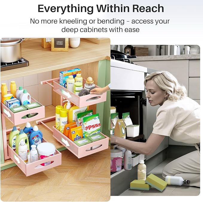 Under Sink Organizer, 2 Tier Pull out Cabinet Organizer Baskets with Mesh Sliding Drawers, Slide out Storage Shelf for Home, Kitchen, Bathroom, Pantry, Office Cabinet(1 Pack, Pink)