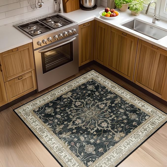 RELEANY Area Rugs Square 4ft Washable Non-Slip, Floral Vintage Distress Medallion Carpet for Living Room Bedroom Dining Room, Vintage Black Brown Neutral