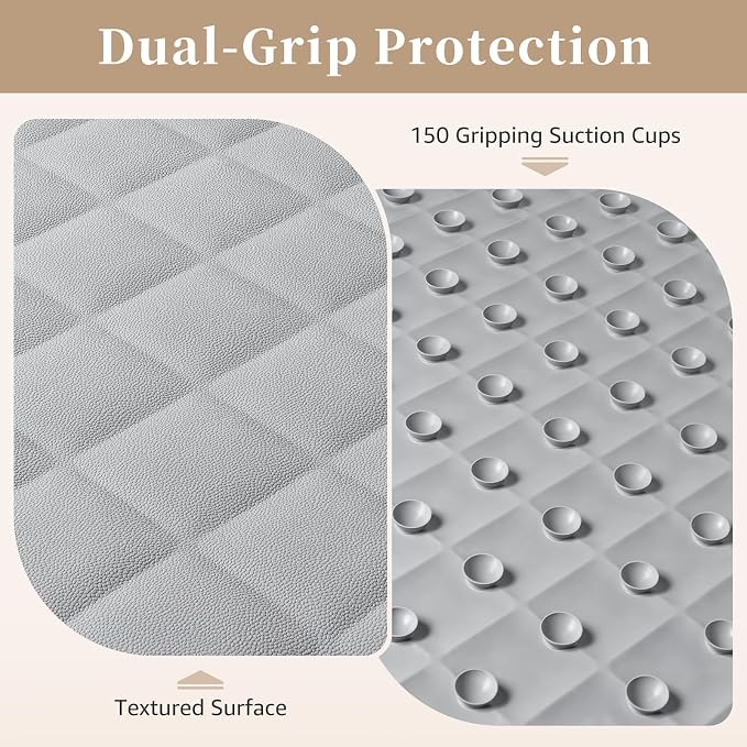 Yolife Bathtub Shower Mat Non Slip, Natural Rubber Bath Tub Floor Liner Mats with Strong Suction Cups for Inside Shower Bathroom, Machine Washable, Soft on Feet, 27.5 x 17 Inch, Grey