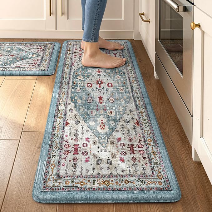 Collive Boho Kitchen Rugs and Mats 2PCS Cushioned Anti-Fatigue Floor Mat, Waterproof Kitchen Rug Set of 2 Non-Skid Comfort Standing Mat for Kitchen,Home,Office,Sink,Laundry,17.3"x29"+17.3"x47"