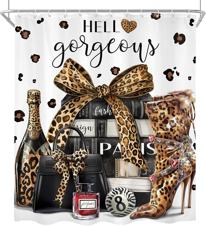 4Pcs Brown Leopard Shower Curtain Set, Cheetah Bathroom Curtain with Rug, Toilet Lid Cover, Bath Mat, Fashion Luxury Magazine Books Perfume High Heels Girly Shower Curtain with 12 Hooks