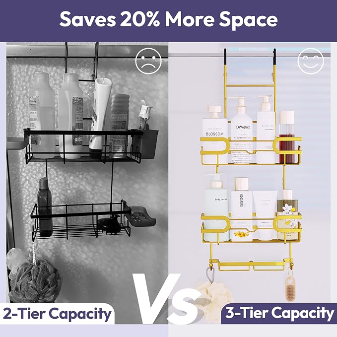 SWTYMIKI Over the Door Shower Caddy Hanging with Double Soap Holder, Hanging Shower Organizer with 16 Hooks, No Drilling Shower Shelves Over Door, Bathroom Rack and Storage, Gold