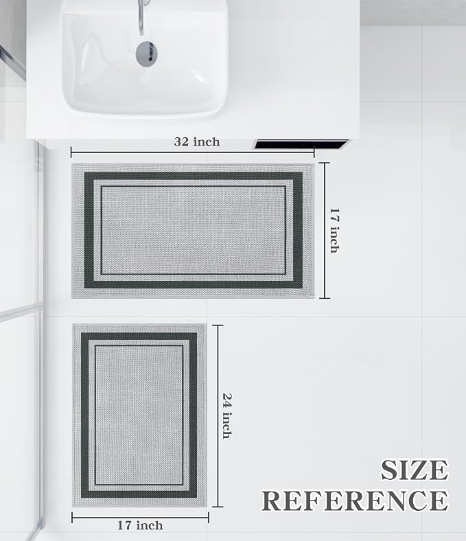 chakme 2 Piece Bathroom Rug Set, Ultra Thin Bath Mat, Quick Dry, Absorbent, Non Slip, Machine Washable, Light Grey, 17"x24"+17"x32"