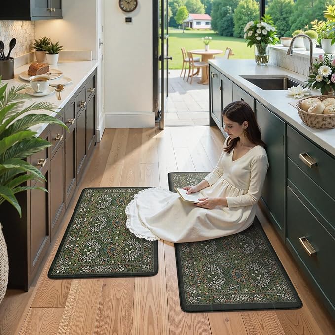 Collive Anti Fatigue Kitchen Rugs Sets of 2, Non Slip Waterproof Kitchen Mat Spring Vintage Floral Runner Rug, Ergonomic Comfort Desk Rugs for Floor, 20" x 47" + 20" x 32", Dark Green