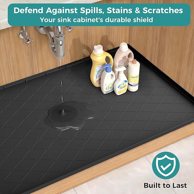 URMONA 25" x 22" Waterproof Silicone Mat in Multiple Sizes & Colors, Under Sink Mat for Kitchen & Bathroom, Pet Food Pad for Dogs & Cats, Kitchen Cabinet Liner, Multi-Purpose for Storage(Dark Grey)