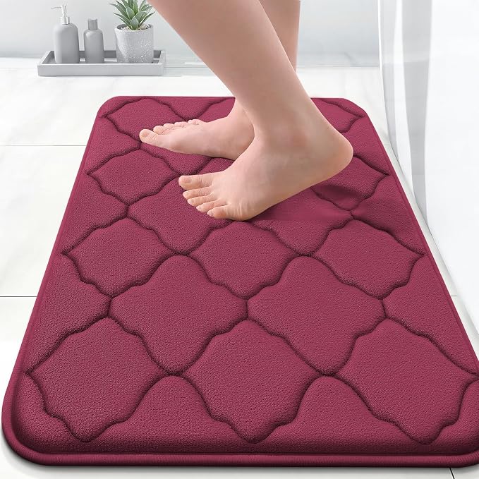 OLANLY Memory Foam Bath Mat Rug 24x16, Ultra Soft and Absorbent Bathroom Rugs, Non-Slip, Comfortable, Machine Washable Bath Carpet for Bathroom Floor, Tub, Shower and Home Decor Accessories, Burgundy