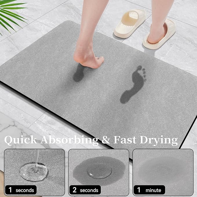 Diatomaceous Earth Bath Mat - 24x17 Quick Dry Absorbent Non Slip Thin Bathroom Rug, Grey