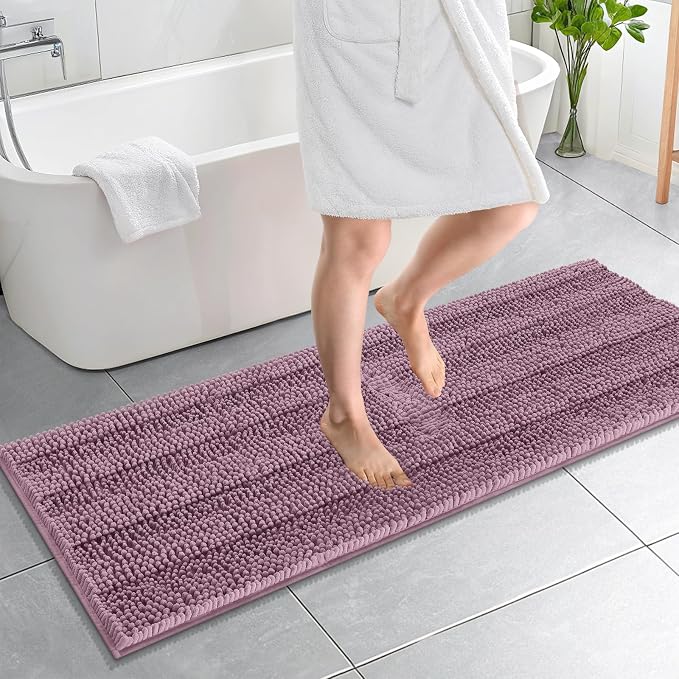 OLANLY Thick Bathroom Runner Rugs 59x20, Absorbent Chenille Striped Bath Rugs, Rubber Backing, Machine Wash, Extra Long Bath Mats for Bathroom Floor, Tub and Shower, Home Decor Accessories, Deep Plum