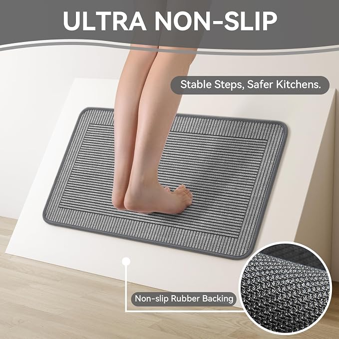 Kitchen Mats for Floor, 17''x59'' Washable Non Slip Absorbent Kitchen Mat, Braided Kitchen Runner Rug, Kitchen Sink Rug, Grey