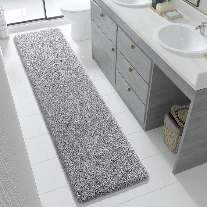 Yimobra Fluffy Plush Bath Rug, Super Shaggy Soft Comfortable Non Slip, Water Absorbent Microfiber Bath Mat, Dries Quickly, Machine Washable Thick Bathroom Rugs for Shower, 70" X 24", Pure Gray