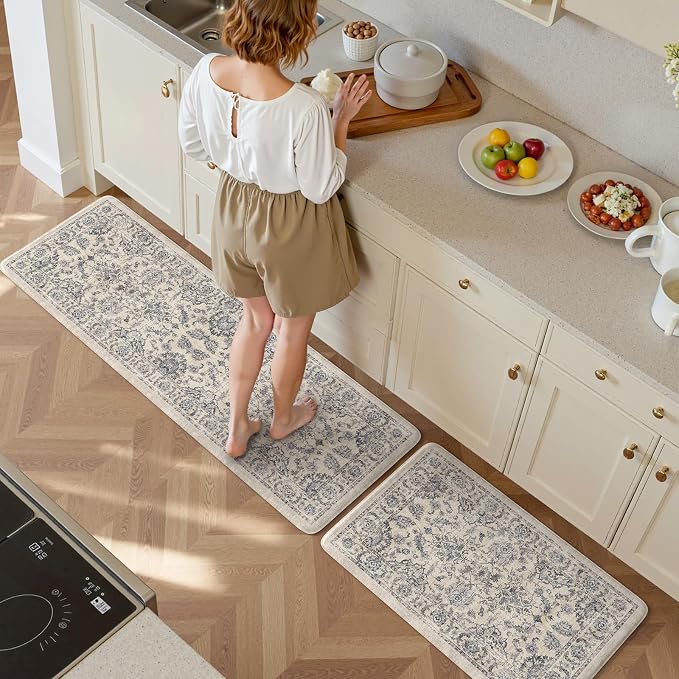 KIMODE Kitchen Mats for Floor Cushioned Anti Fatigue 2 Piece,Boho Floral Kitchen Rugs Non Slip 20" x 59"+20" x 32",Wide Memory Foam Kitchen Mat Carpet for Laundry Office Home,Blue