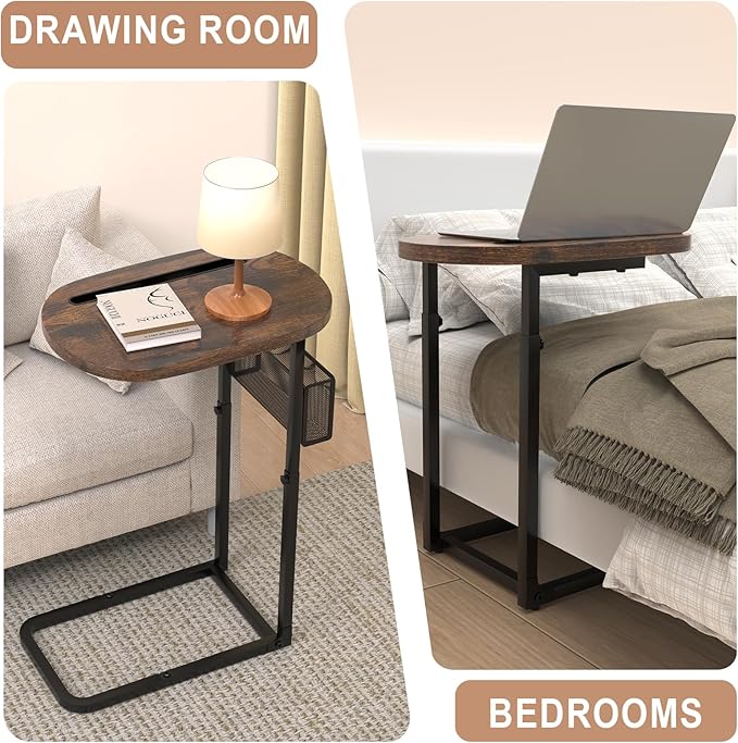 Fashion TV Tray Table with Large Tabletop, Adjustable Sofa Table with Storage Baskets, Strong Metal Frame, Tv Dinner Tray Table for TV Watching, Meals, Snacks (Oval, Brown, 16.93inch x 12.6inch)