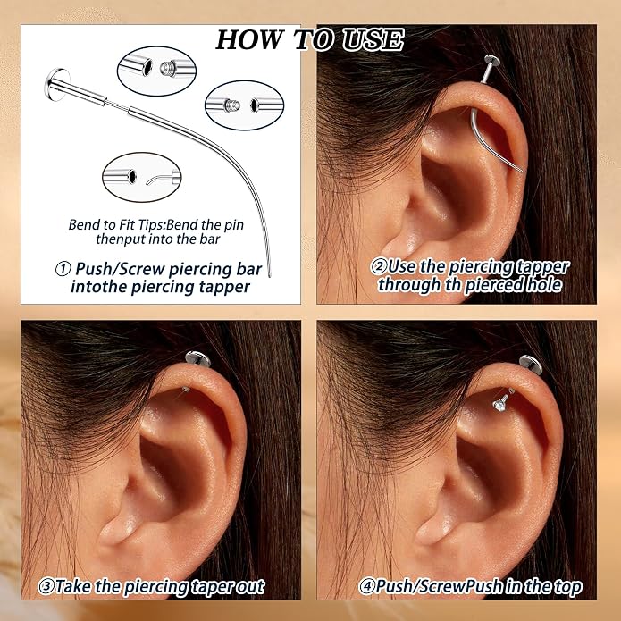 GEMQUEEN Piercing Taper Ball Grabber Tool for Changing Jewelry - 14G 16G 18G 20G Stainless Steel Flat Back Earrings Applicator Tool Threadless Insertion Pin Thread Body Piercing Kit for Ear Nose Lip
