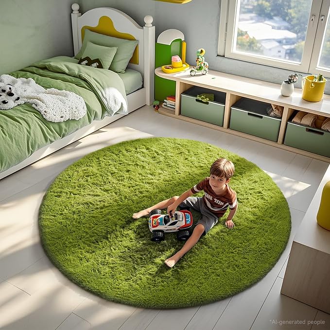 Ophanie Round Rug 6Ft Green Circle Area Rug, Room Decor, Fluffy Fuzzy Bedroom Carpet, Plush Soft Shaggy Living Room Rugs for Kids Home Aesthetic, Nursery
